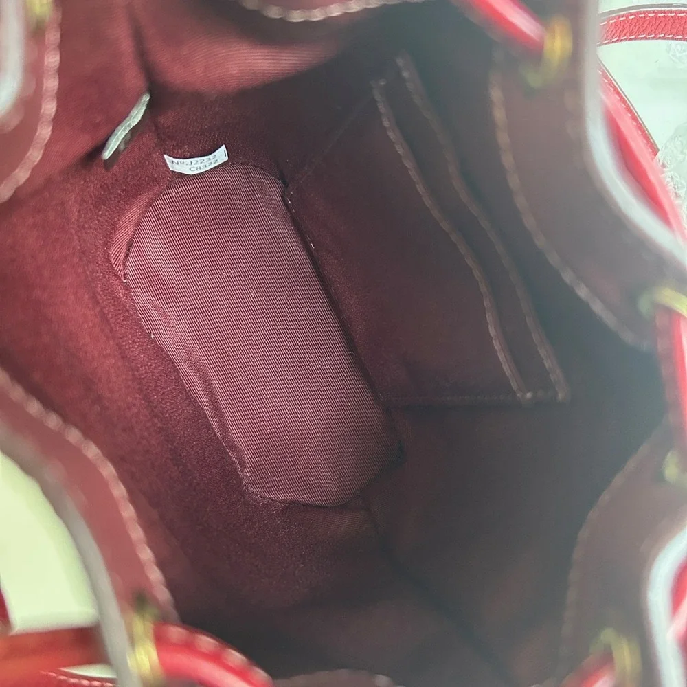 Coach Dempsey 15 Apple Red Jacquard Leather‎ Bucket Bag Excellent